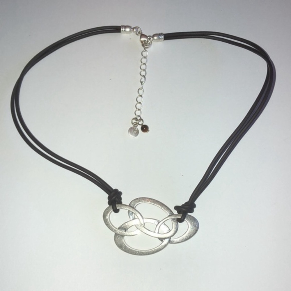 Axcess By Liz Claiborne Xc Signed Boho Silver Tone & Brown Corded Necklace